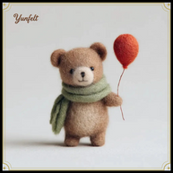 Teddy Bear with Red Balloon & Scarf – Wool Felt Cheerful Figurine