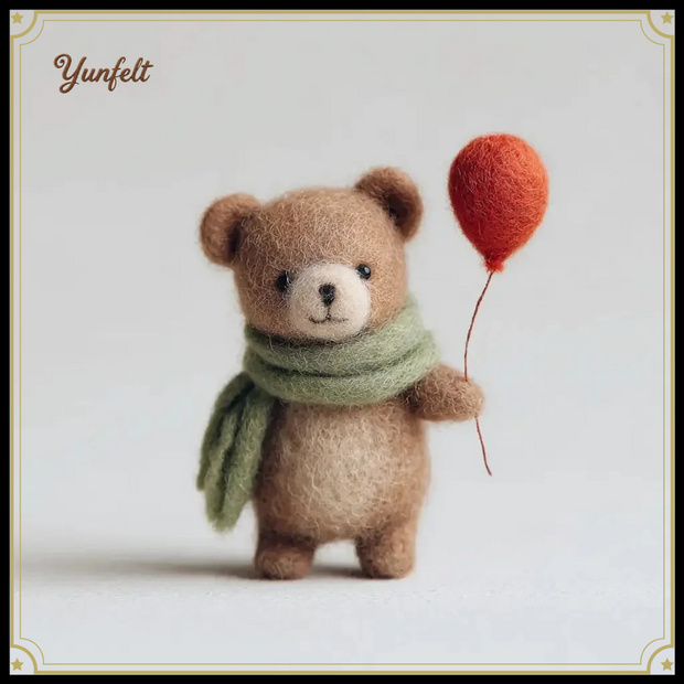 Teddy Bear with Red Balloon & Scarf – Wool Felt Cheerful Figurine