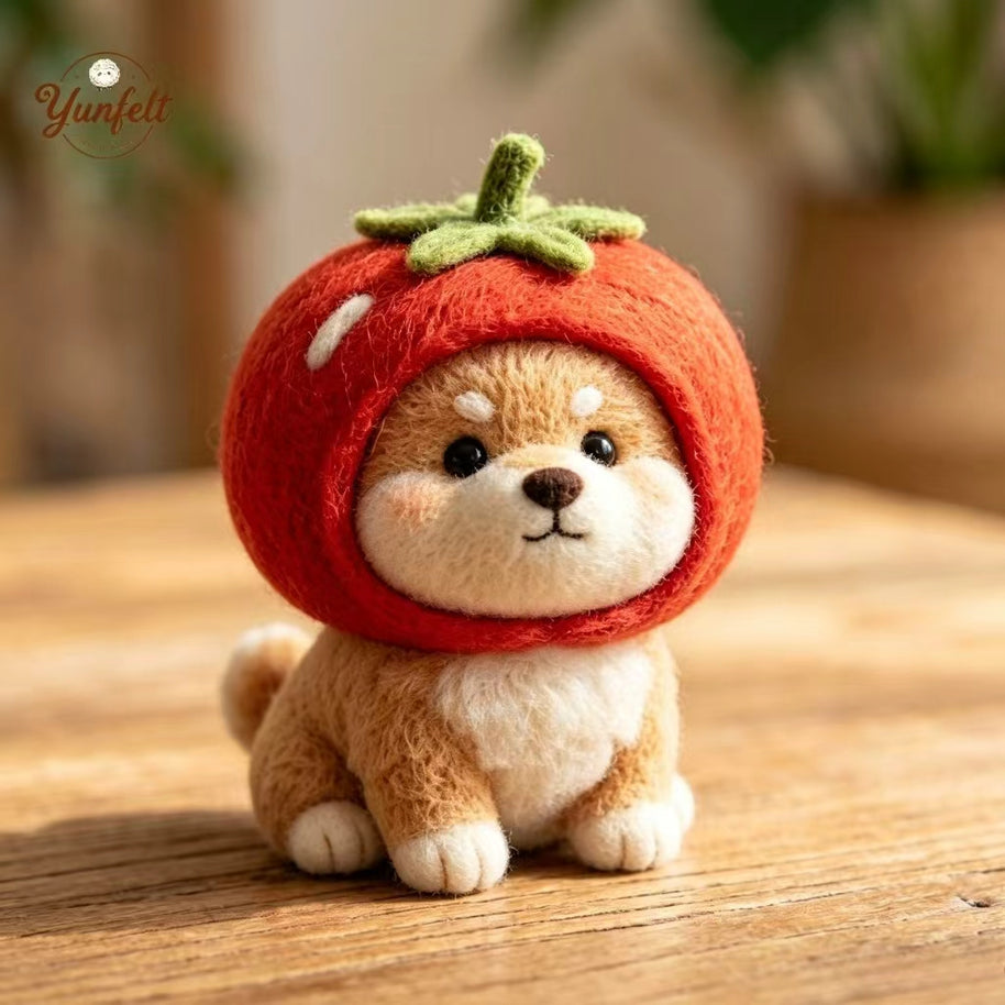 Handmade Wool Felt Tomato Hat Shiba Figurine – Cute Desk Decor Gift