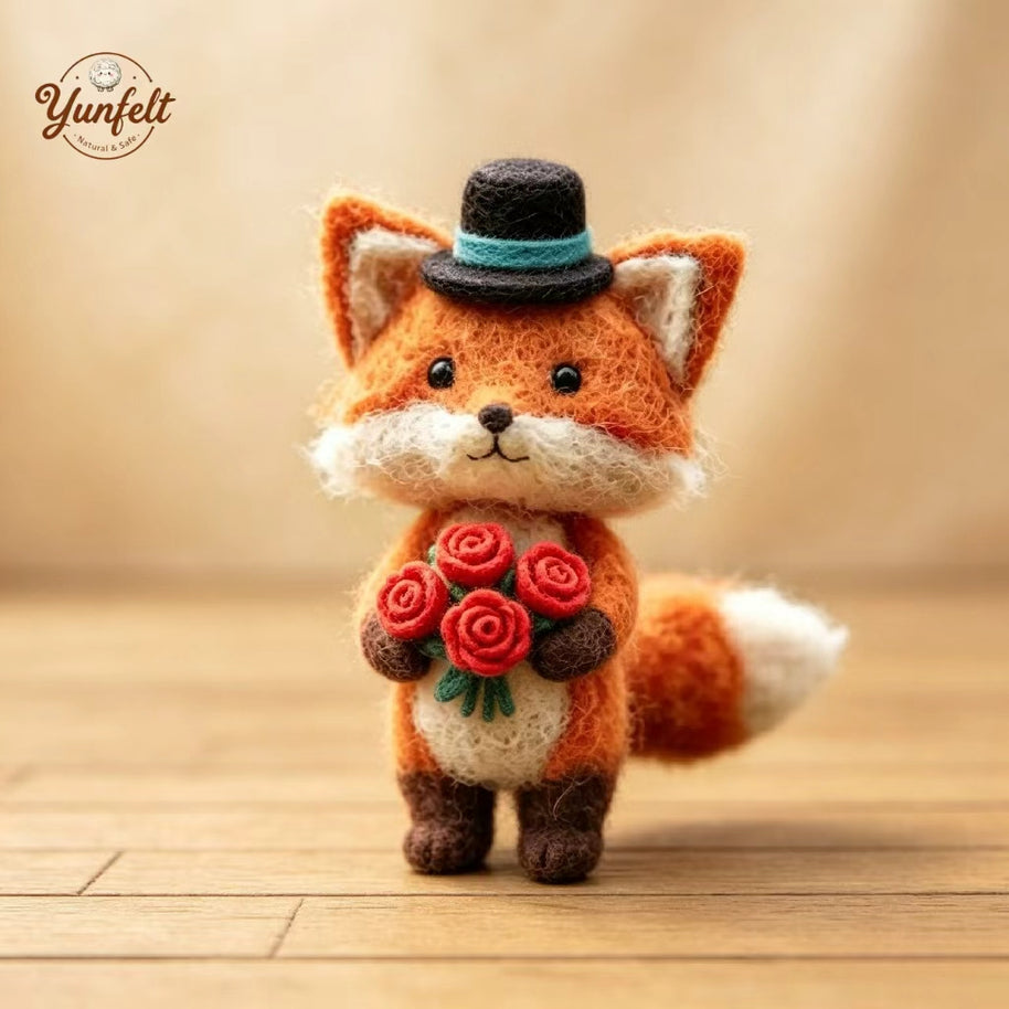 Handmade Wool Felt Top Hat Fox Figurine – Romantic Desk Decor Gift
