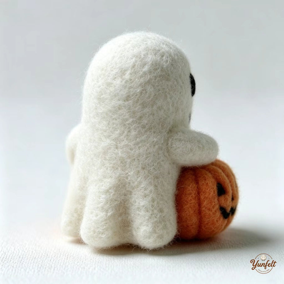 Handmade Wool Felt Ghost with Pumpkin Figurine – Spooky Halloween Desk Decor Gift