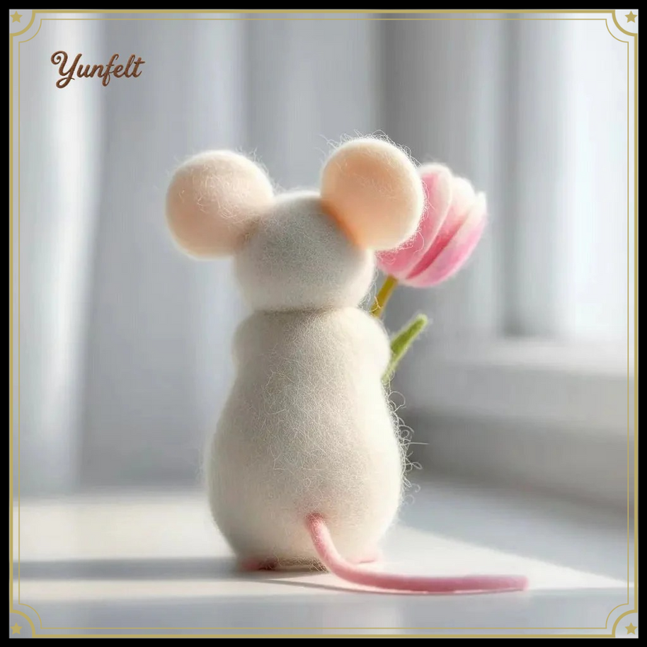 Spring Mouse Holding Pink Tulip – Wool Felt Floral Figurine