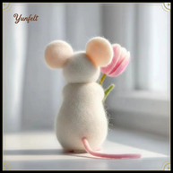 Spring Mouse Holding Pink Tulip – Wool Felt Floral Figurine