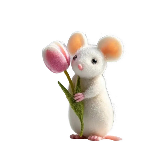 Spring Mouse Holding Pink Tulip – Wool Felt Floral Figurine