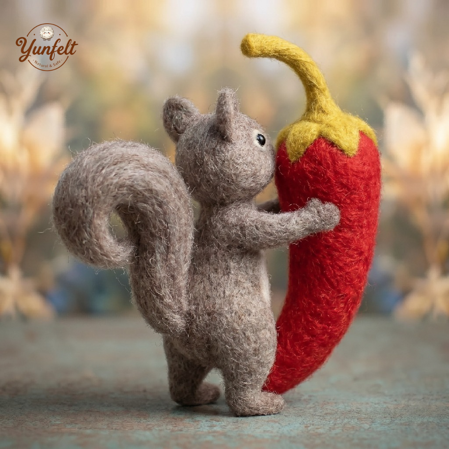 Squirrel Hugging Chili Pepper – Wool Felt Quirky Desk Pet