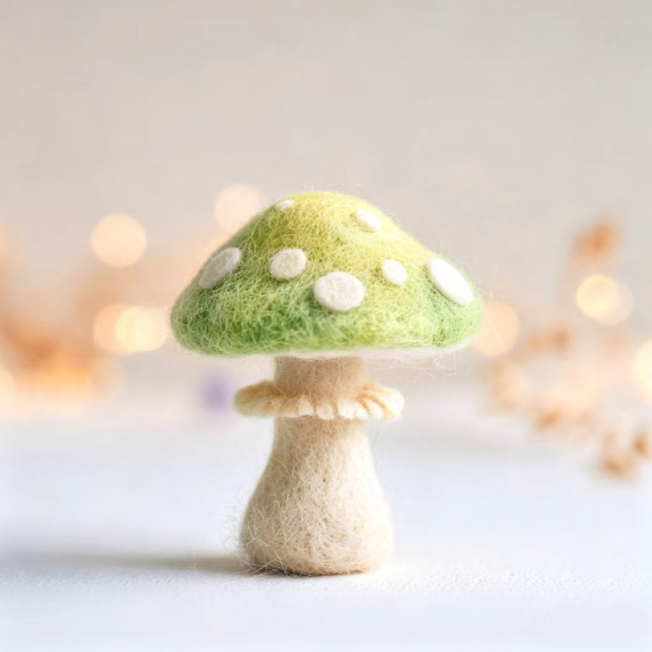 Handmade Wool Felt Green Spotted Mushroom Figurine – Fairy Tale Desk Decor Gift