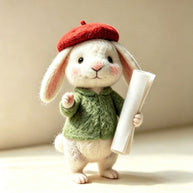 Handmade Wool Felt Beret Rabbit Figurine – Cozy Desk Decor Gift