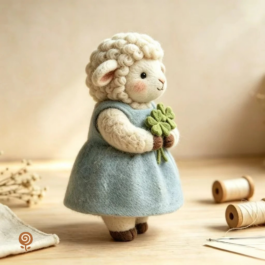 The Four-Leaf Clover Little Lamb – Handmade Wool Felt Figurine