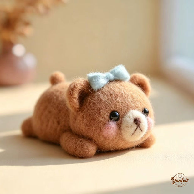 Handmade Wool Felt Lying Bear Figurine – Cozy Desk Decor Gift