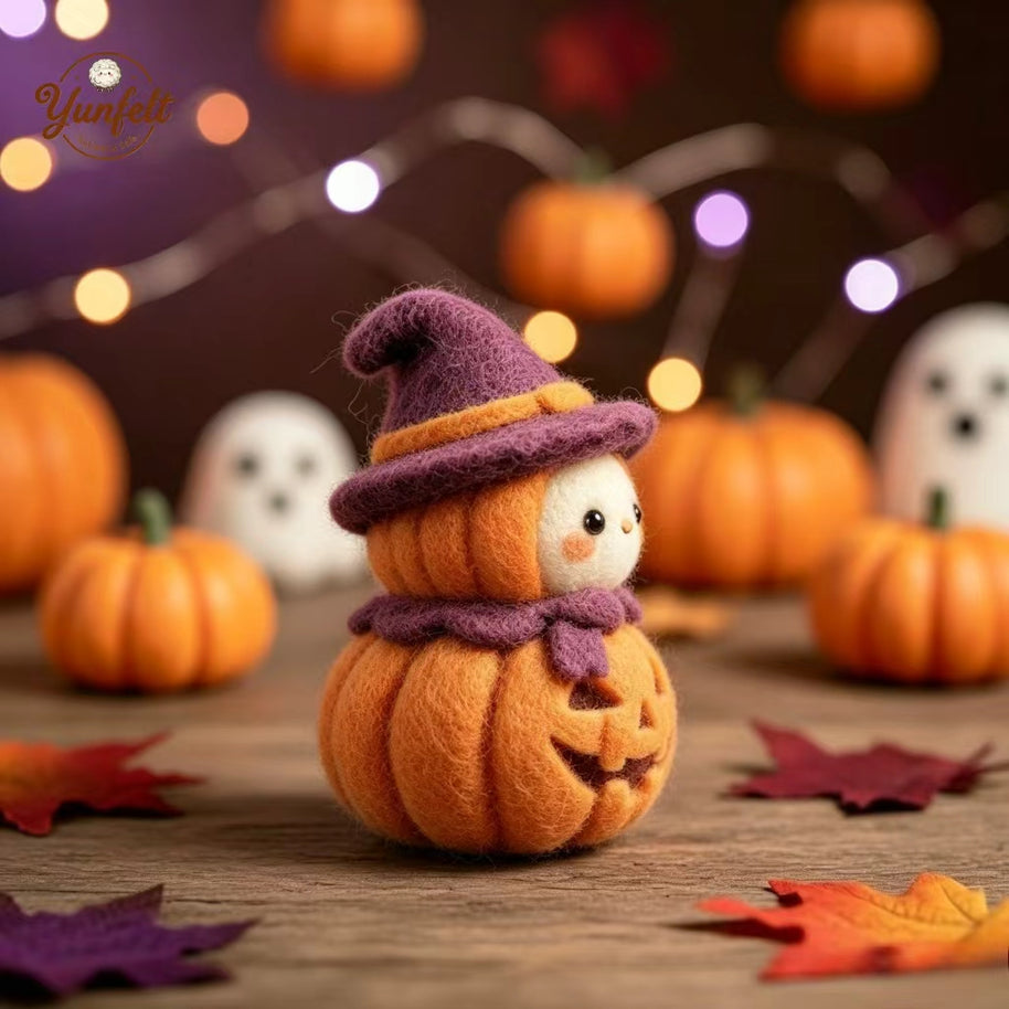 Handmade Wool Felt Stacked Pumpkin Witch Figurine – Halloween Home Decor Gift