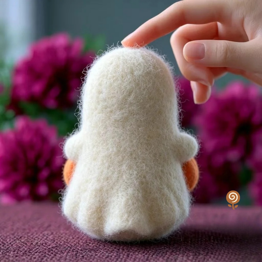 The Pumpkin-Hugging Little Ghost – Handmade Wool Felt Halloween Figurine
