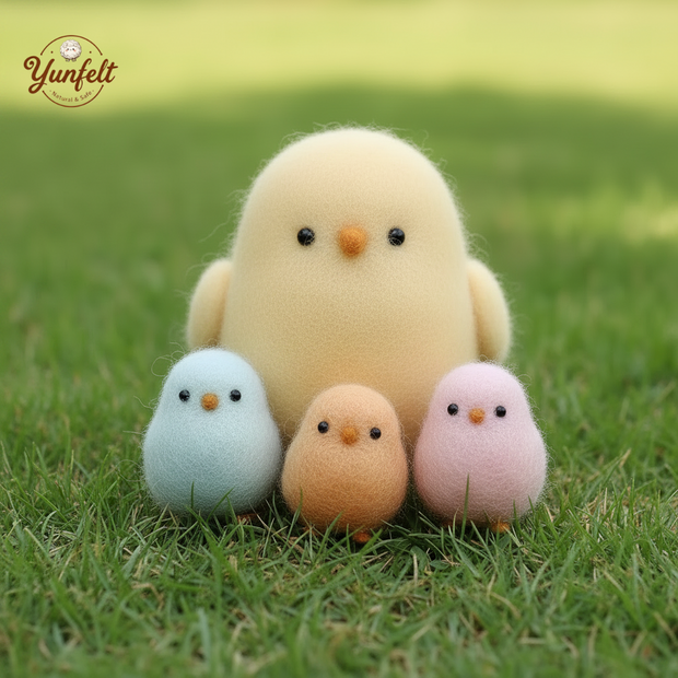 Nestling Family Set – Wool Felt Mama Chick & Three Baby Birds