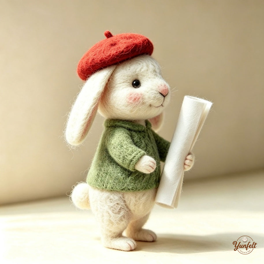 Handmade Wool Felt Beret Rabbit Figurine – Cozy Desk Decor Gift
