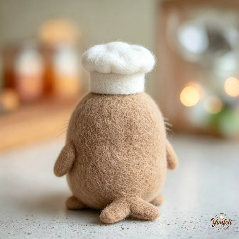 Handmade Wool Felt Walrus Chef Figurine – Cozy Kitchen Desk Decor Gift