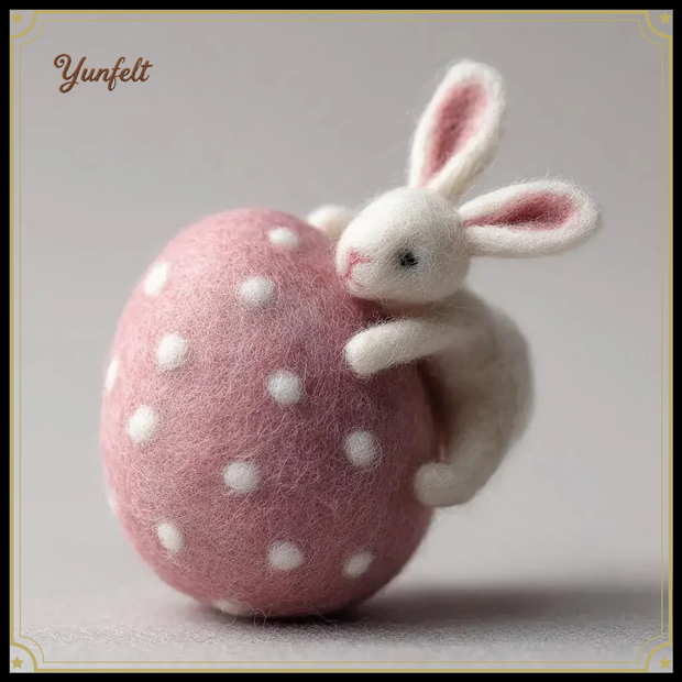 Bunny Hugging Pink Polka Dot Egg – Wool Felt Easter Figurine