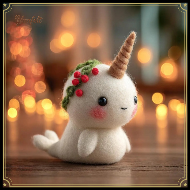 Narwhal with Holly Wreath – Wool Felt Winter Whimsy Ornament