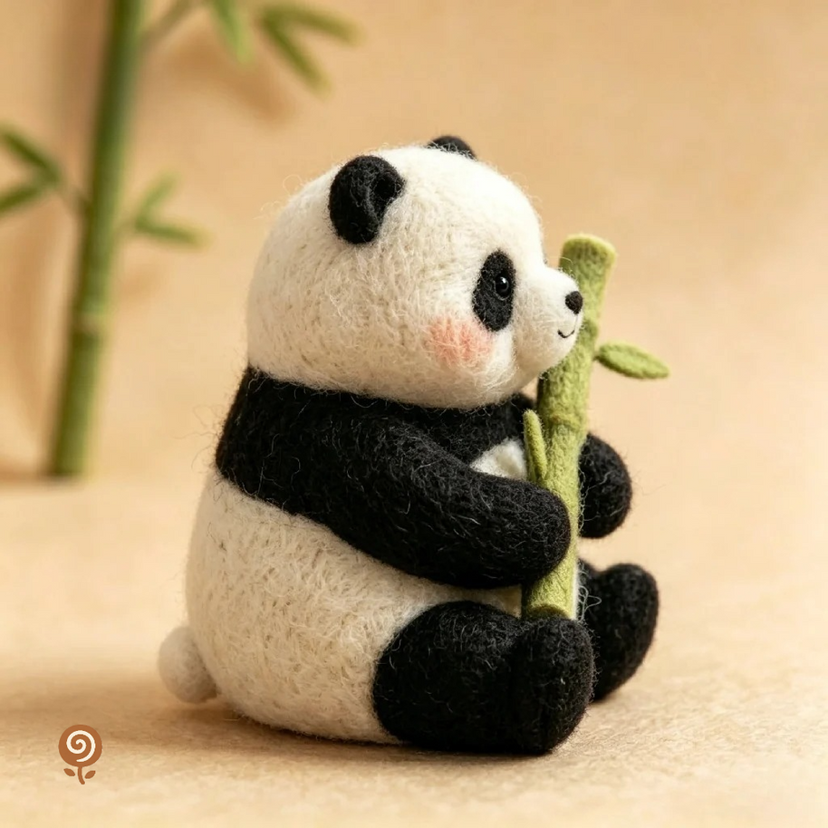 The Peaceful Panda – Handmade Wool Felt Figurine with Bamboo