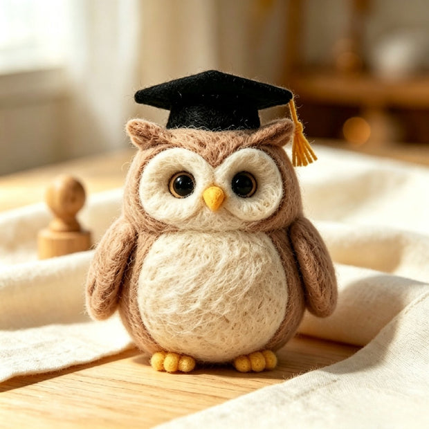 Handmade Wool Felt Graduation Owl Figurine – Celebration Desk Decor Gift