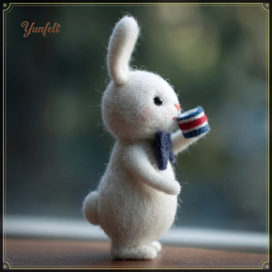 Gentleman Bunny with Mug – Wool Felt Cozy Desk Companion