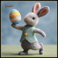 Running Easter Bunny with Green Vest & Striped Egg – Wool Felt Spring Figurine