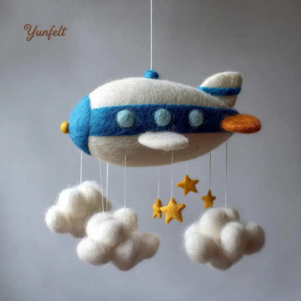 Vintage Airship Nursery Mobile – Wool Felt Cloud Navigator Hanging Decor