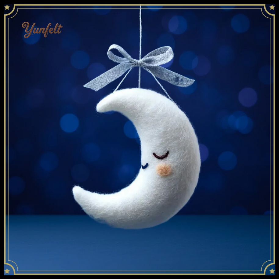 Sleepy Crescent Moon with Blue Bow – Wool Felt Nursery Hanging Decor