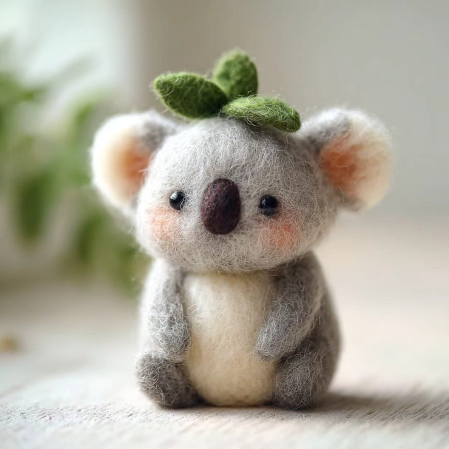 The Leaf-Crowned Little Koala – Handmade Wool Felt Figurine