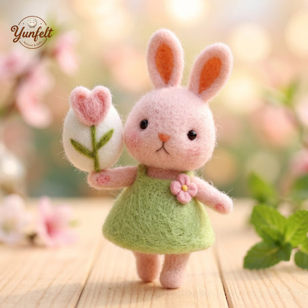 Easter Bunny with Tulip Egg – Wool Felt Yellow Dress Surprise