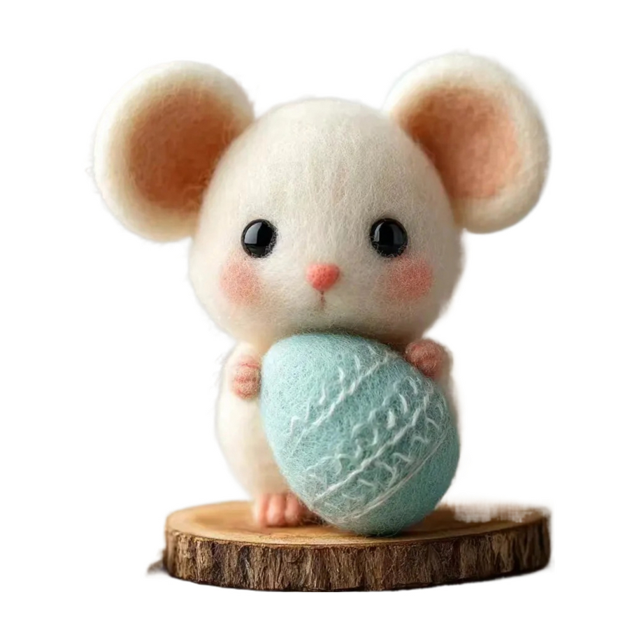 Chubby White Mouse Hugging Blue Egg – Wool Felt Easter Figurine