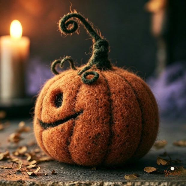 Handmade Wool Felt Spooky Pumpkin Figurine – Halloween Desk Decor Gift
