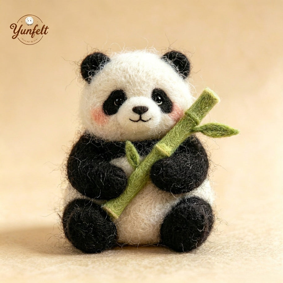 Handmade Wool Felt Panda Figurine – Bamboo Desk Decor Gift