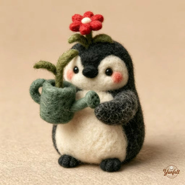 Handmade Wool Felt Gardening Penguin Figurine – Spring Desk Decor Gift