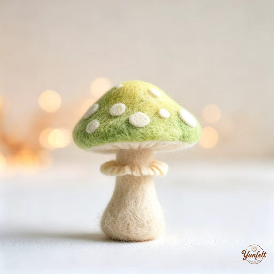 Handmade Wool Felt Green Spotted Mushroom Figurine – Fairy Tale Desk Decor Gift