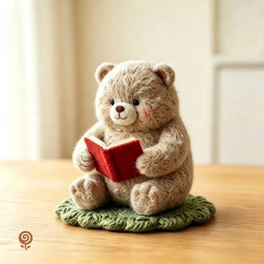 The Little Reading Bear – Handmade Wool Felt Figurine