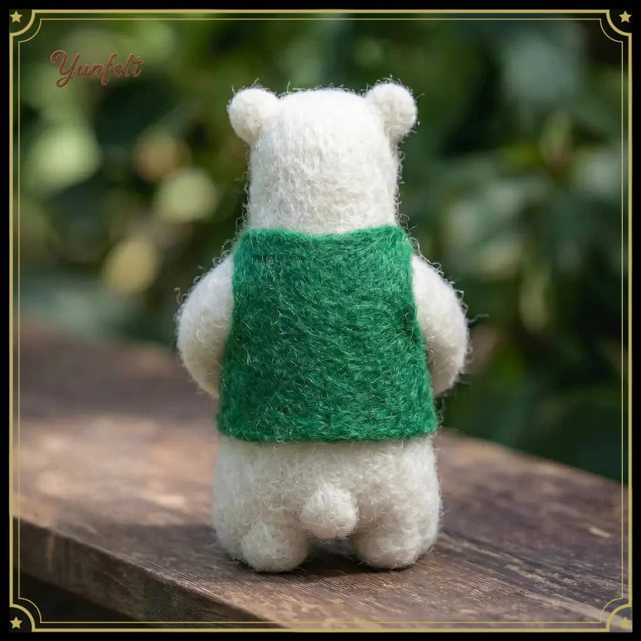 Storybook White Bear in Green Vest – Wool Felt Gentle Desk Companion