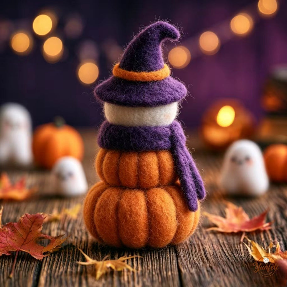 Handmade Wool Felt Stacked Pumpkin Witch Figurine – Halloween Desk Decor Gift