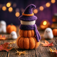 Handmade Wool Felt Stacked Pumpkin Witch Figurine – Halloween Desk Decor Gift