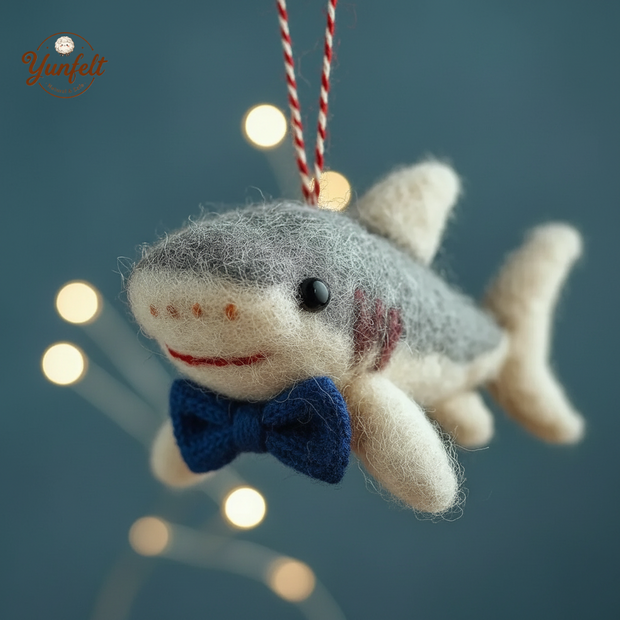 Dapper Shark with Navy Bow Tie – Wool Felt Formal Ocean Ornament