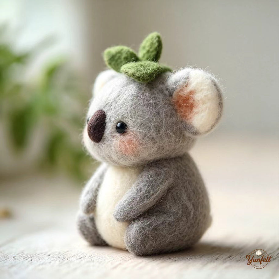 The Leaf-Crowned Little Koala – Handmade Wool Felt Figurine