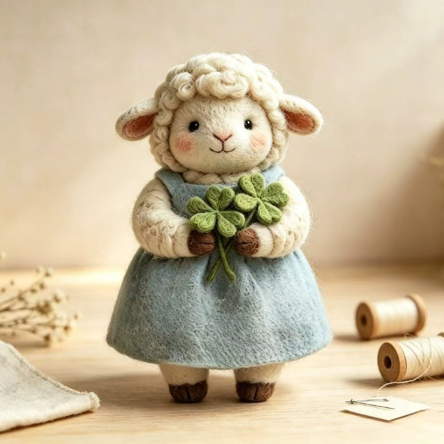 Handmade Wool Felt Lucky Clover Lamb Figurine – Spring Desk Decor Gift