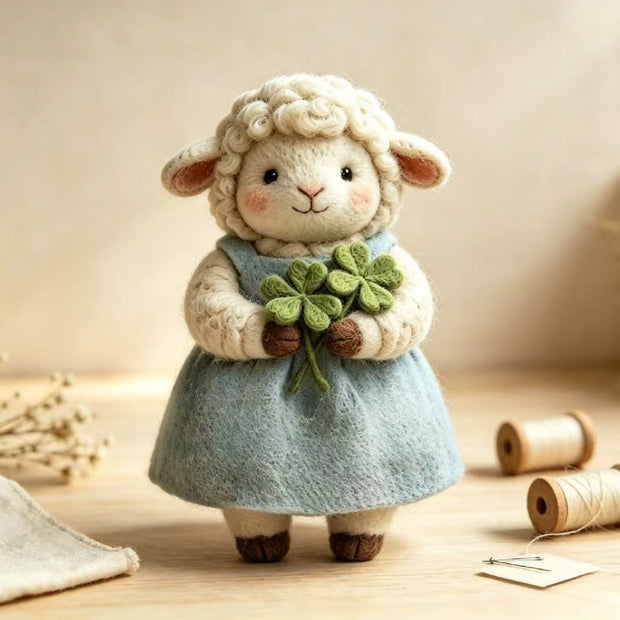 Handmade Wool Felt Lucky Clover Lamb Figurine – Spring Desk Decor Gift