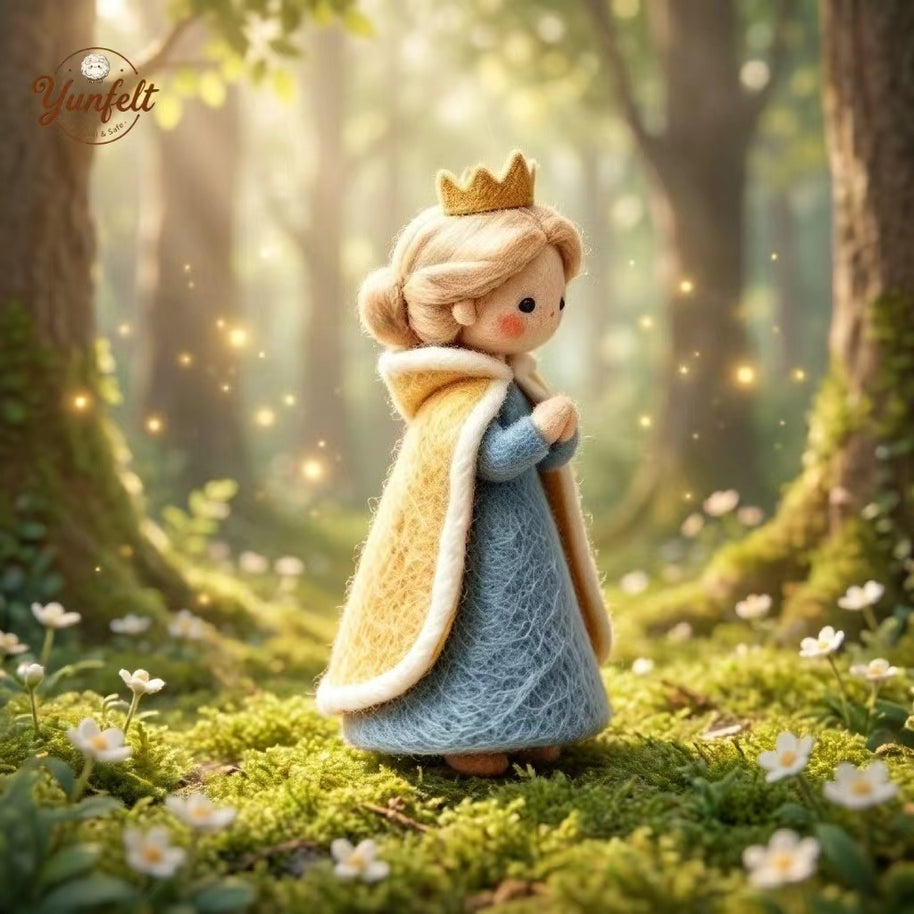 Handmade Wool Felt Woodland Princess Figurine with Golden Crown – Fairy Tale Desk Decor Gift