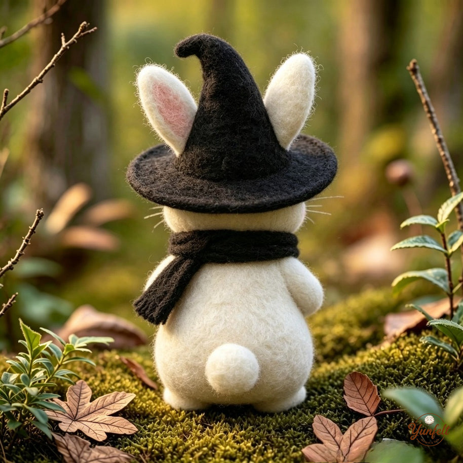 Handmade Wool Felt Witch Bunny Figurine – Halloween Desk Decor Gift