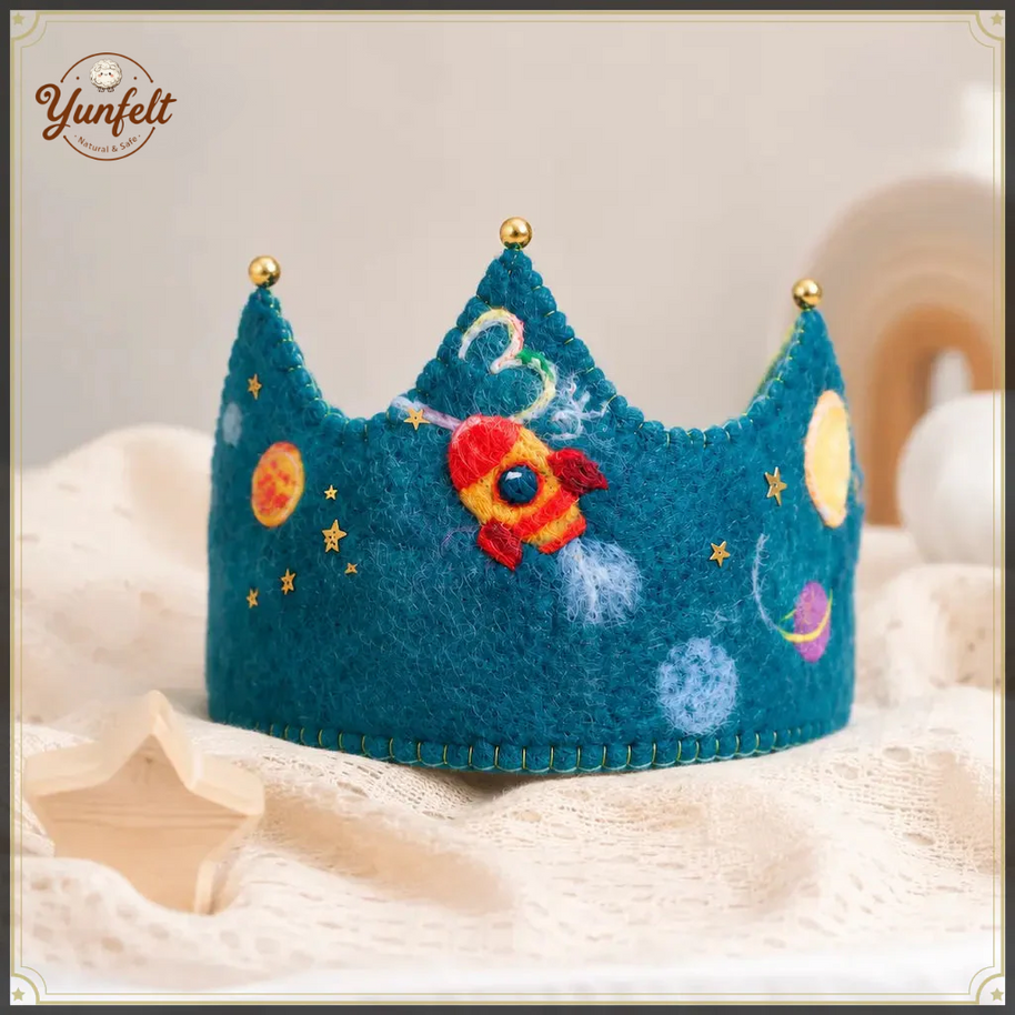 Custom Space Rocket Birthday Crown – Wool Felt Party Hat for Kids