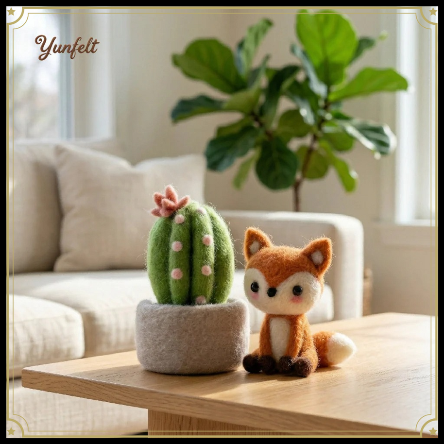 Fox & Cactus Companions – Wool Felt Whimsical Desk Set