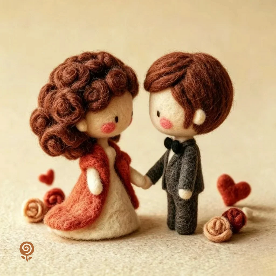 The Hand-in-Hand Wedding Couple – Handmade Wool Felt Figurine Set