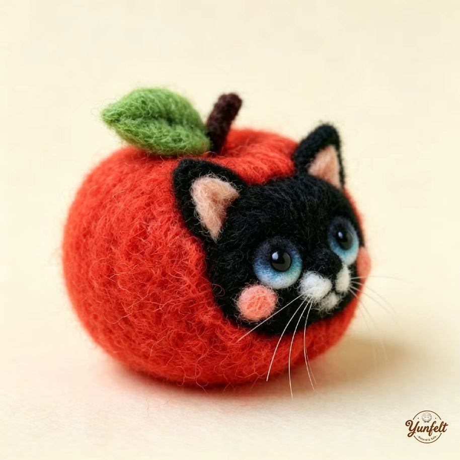 Handmade Wool Felt Apple Cat Figurine – Whimsical Desk Decor Gift