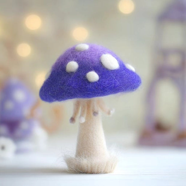 Handmade Wool Felt Whimsical Purple Mushroom Figurine – Fairy Tale Desk Decor Gift