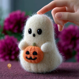 The Pumpkin-Hugging Little Ghost – Handmade Wool Felt Halloween Figurine