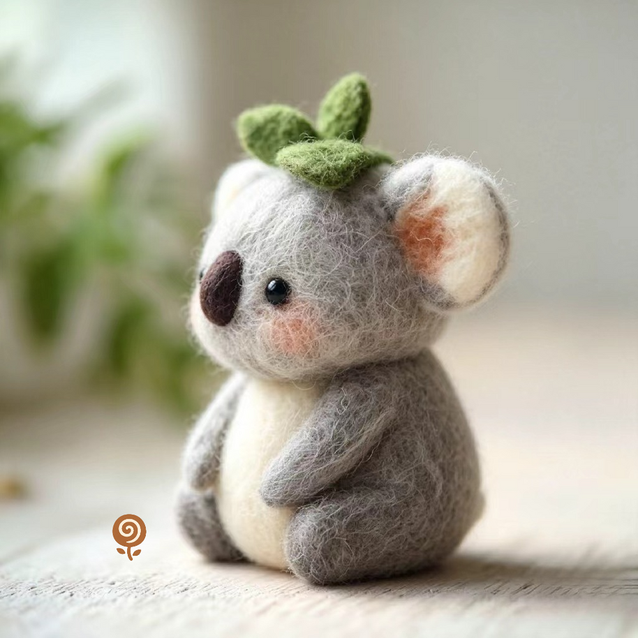 The Leaf-Crowned Little Koala – Handmade Wool Felt Figurine